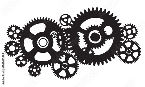 Interlocking Black Gears Silhouette on White Background