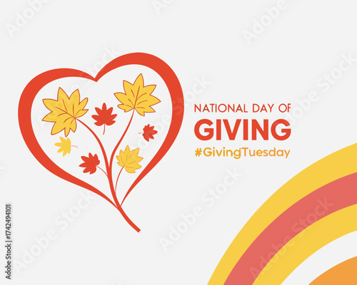 National Day of Giving with Heart Shaped Leaves and Rainbow Promoting Giving Tuesday Celebration graphic