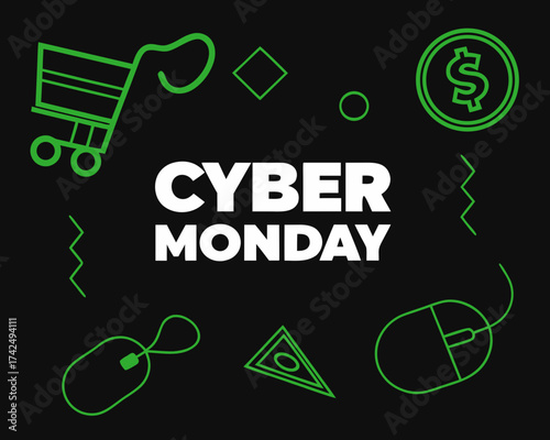 Cyber Monday Promotion with Shopping Cart Mouse and Dollar Sign in Green on Black Background