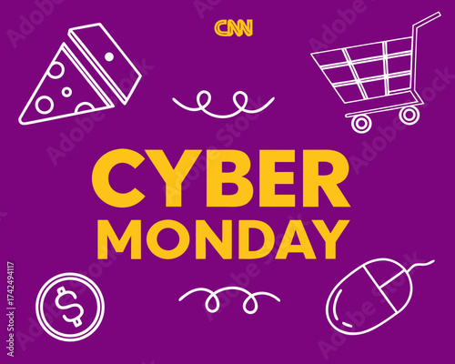 CNN Cyber Monday Promotion with Shopping Cart Pizza Computer Mouse and Money Icons on Purple Background