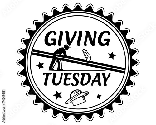 Giving Tuesday Illustration Featuring a Man Pushing a Donation with Stars and a Hat Black and White