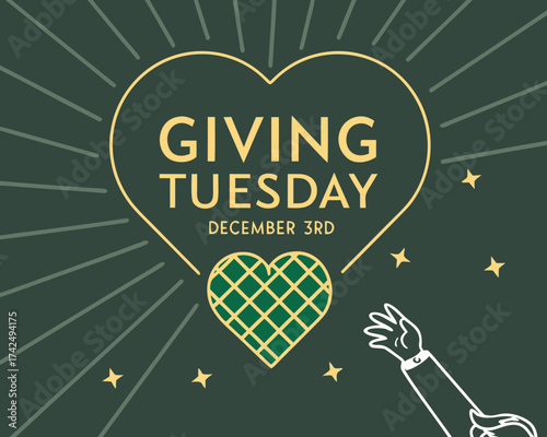 Giving Tuesday Graphic with Heart Hand and Stars on Dark Green Background for December 3rd