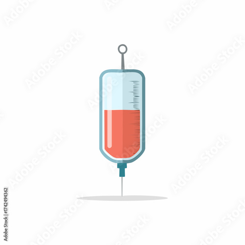 Flat icon of a medical syringe with red liquid for injection or vaccination treatment