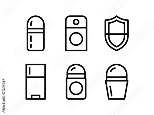 Minimalist vector illustrations set of six deodorant roll-on sticks antiperspirant containers spray bottle and shield icons scalable eps silhouette vector illustration white background