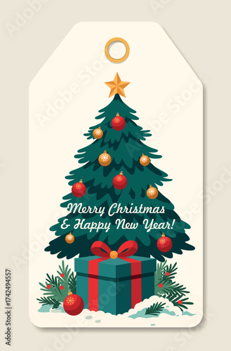 Vector Christmas gift tag or price tag with a decorated tree, toys, and gifts, with the text Happy New Year. Festive label for winter gift wrapping, cards, merchandise, and souvenirs