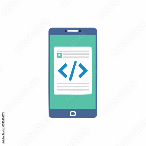 Mobile phone screen displaying code symbol for software and app development technology concept