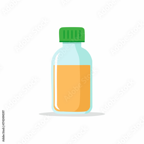Glass medicine bottle with orange liquid or syrup, flat vector icon illustration