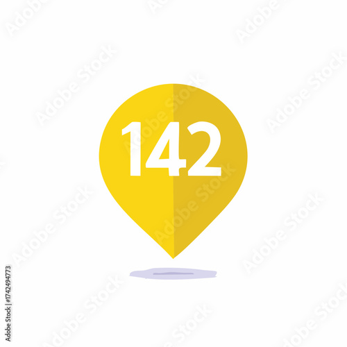Yellow location pin with number 142 inside, simple design with shadow effect