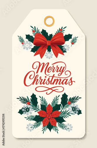 Vector Christmas gift tag or price tag with a festive bow, berries, fir branches, snowflakes, and the text Merry Christmas. A festive label for winter wrapping of gifts, cards, merchandise, souvenirs
