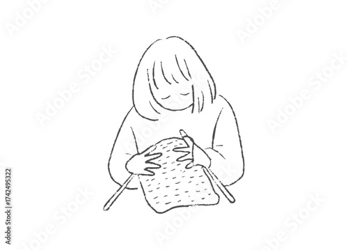 手芸で毛糸を編む人物の手描きイラスト