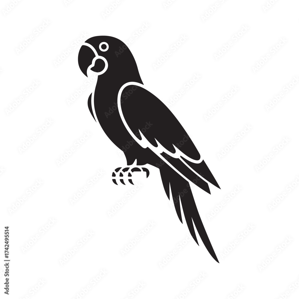Fototapeta premium Elegant Black Parrot Silhouette – Tropical Bird Vector Design for Logo, Icon, Tattoo, Wildlife Illustration, Nature Decor, Exotic Bird Art, Minimalist Silhouette Illustration