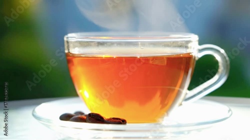 Steaming cup of tea with coffee beans, perfect for a cozy morning ritual or relaxing afternoon break, shows soothing beverage preparation