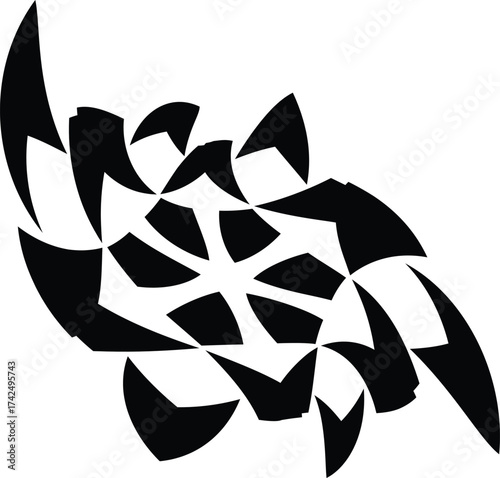 an abstract black and white spiral design, resembling a circular geometric element with rotating shapes, possibly intended as a logo or artistic illustration. 