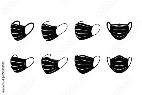 Set of eight black silhouette illustrations of medical face masks vector art scalable eps graphics silhouette vector illustration white background