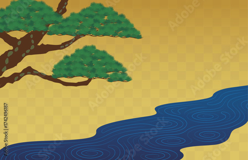 日本画風の背景。老松と小川のイラスト。