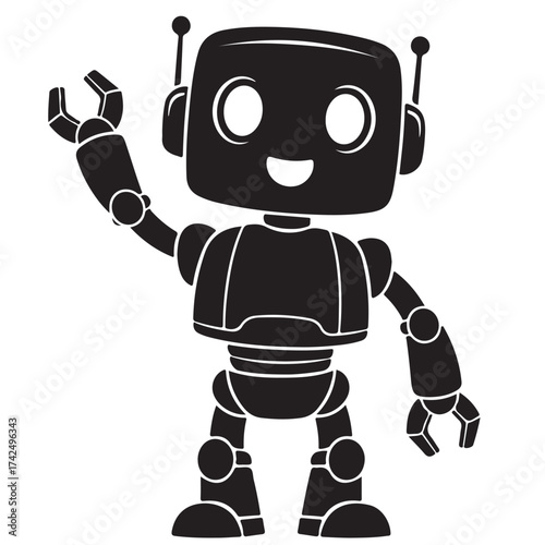 Smiling Robot Character Silhouette with Waving Arm
