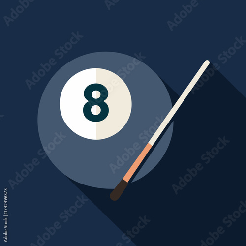 Minimalist vector icon of an 8 ball and cue stick for a billiard game illustration vector, illustration, scalable, eps, icon, billiard, pool, game, sport, cue, stick, ball, eight, number