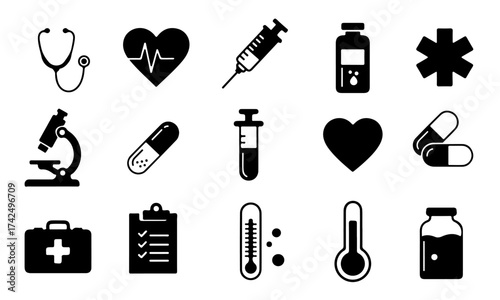 Medical Silhouette Vector Icons — Healthcare, Hospital, Equipment, Medicine, Diagnostics, Wellness, First Aid, Clinical, Science