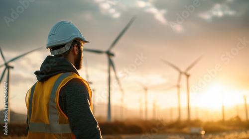Engineer inspecting wind turbine for renewable energy project.