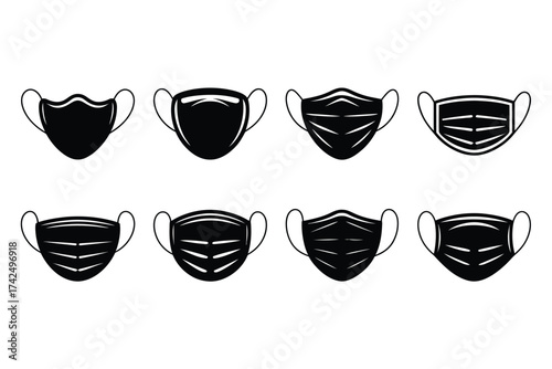 Set of eight black silhouette illustrations of various face masks for protection and health silhouette vector illustration white background