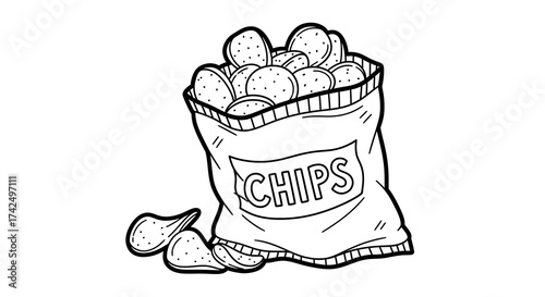 Black and White Illustration of Bag of Chips with Potato Chips Outside