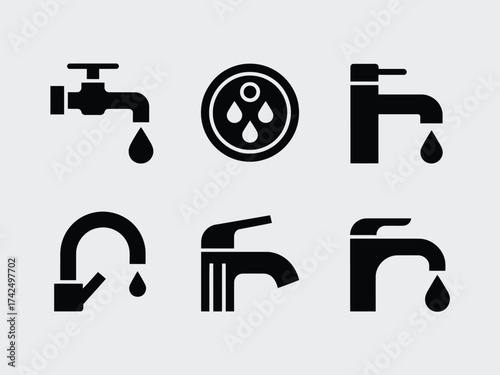 Set of six minimalist black and white vector faucet icons dropping water for plumbing and bathroom design silhouette vector illustration white background
