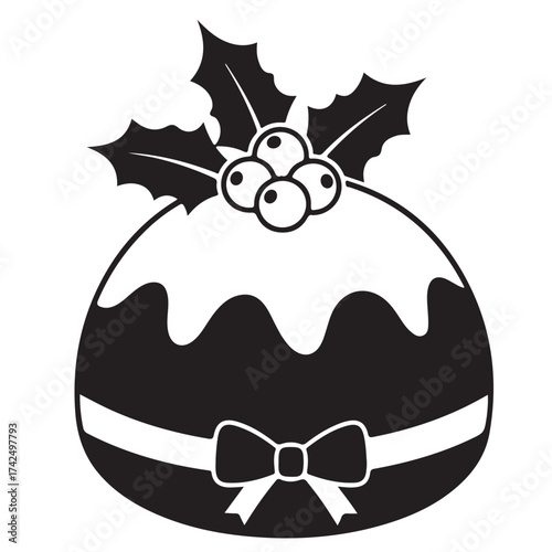 Black and White Christmas Pudding Icon with Holly and Bow
