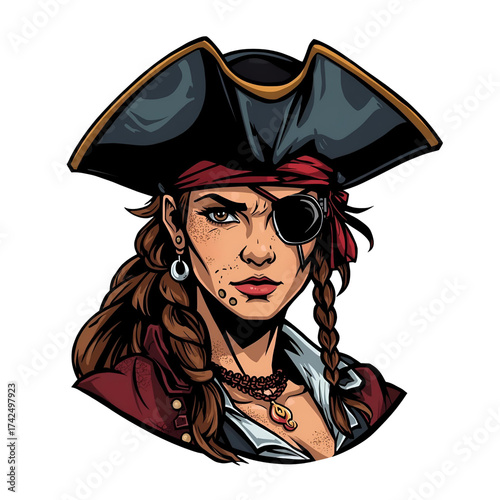 Female pirate with eye patch and tricorn hat