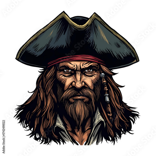 Illustrated pirate with hat beard and long brown hair