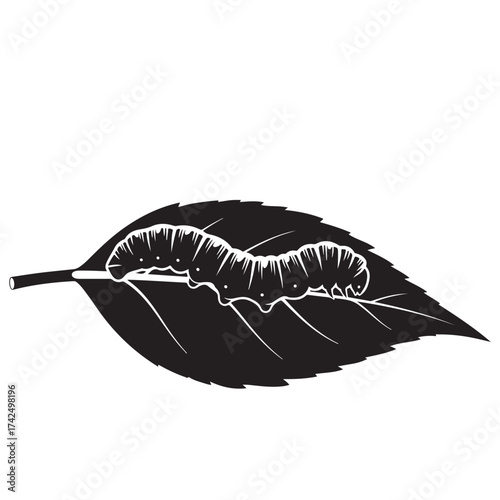Graphic Black and White Illustration of a Caterpillar on a Leaf