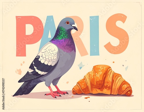 Pigeon stands beside a croissant in Paris with colorful text in the background