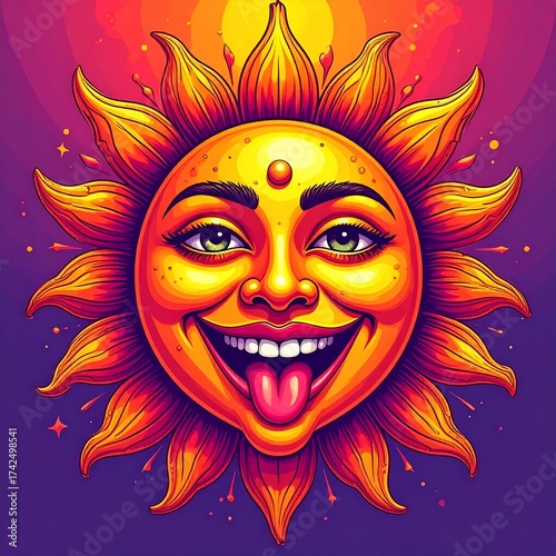 Sun face with joyful expression and colorful rays in vibrant design celebrating warmth and happiness