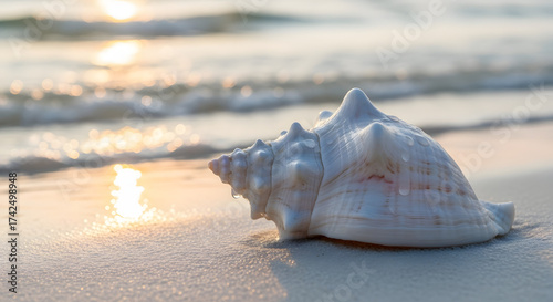 A conch shell resting on the beach with the ocean waves and sunset in the background view