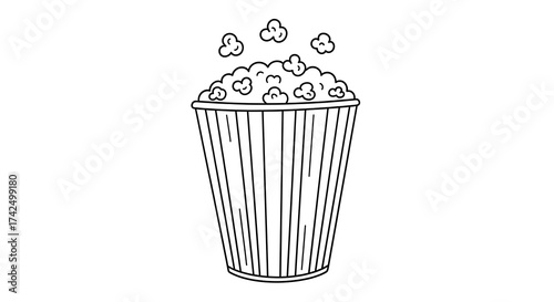 Cartoon Popcorn Bucket with Fluffy Kernels in Black and White Line Art