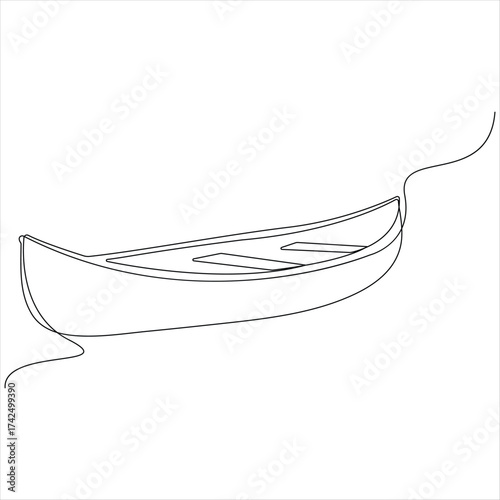 Continuous line art drawing of wooden fishing canoe wooden fishing boat one line art vector illustration