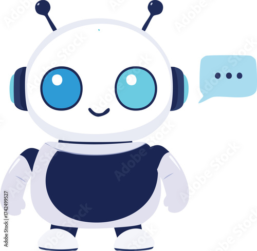 Friendly Chatbot Robot Character with Speech Bubble and Blue Accents