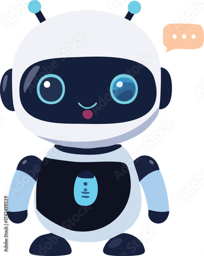 Cute Chatbot Robot Character with Speech Bubble and Neon Blue Accents