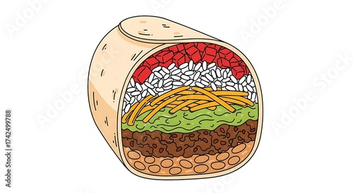Colorful Cross-section of Sushi Roll with Rice Vegetables and Meat