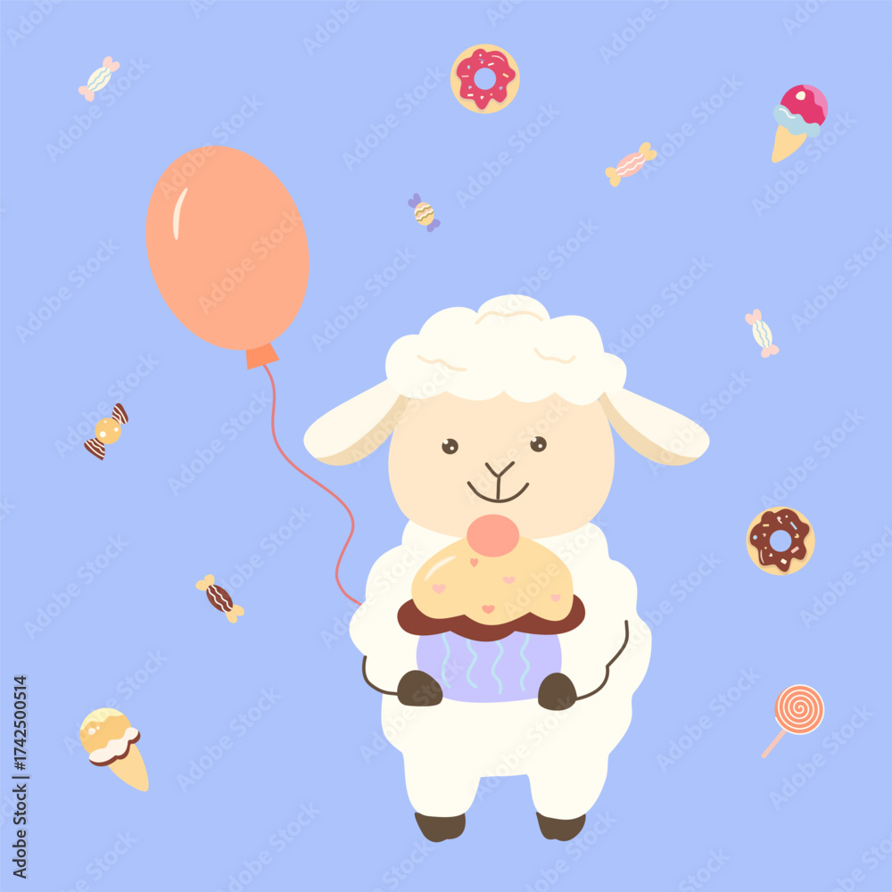Obraz premium Adorable festive vector clipart with a lamb holding a cupcake, balloon and sweets. Perfect for kids design, holiday cards, party decor and print.