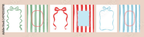 Merry Christmas greeting card Set. Beautiful Xmas art design in trendy retro hand drawn doodle style with bow and ribbon frames and stripes. Xmas art banner, poster, cover templates.