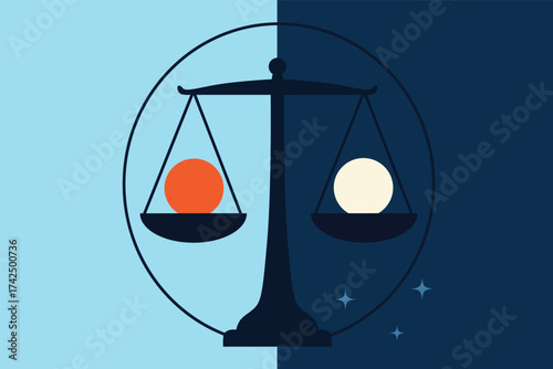 Balance and Duality Concept Libra Scale Illustration with Day and Night Background