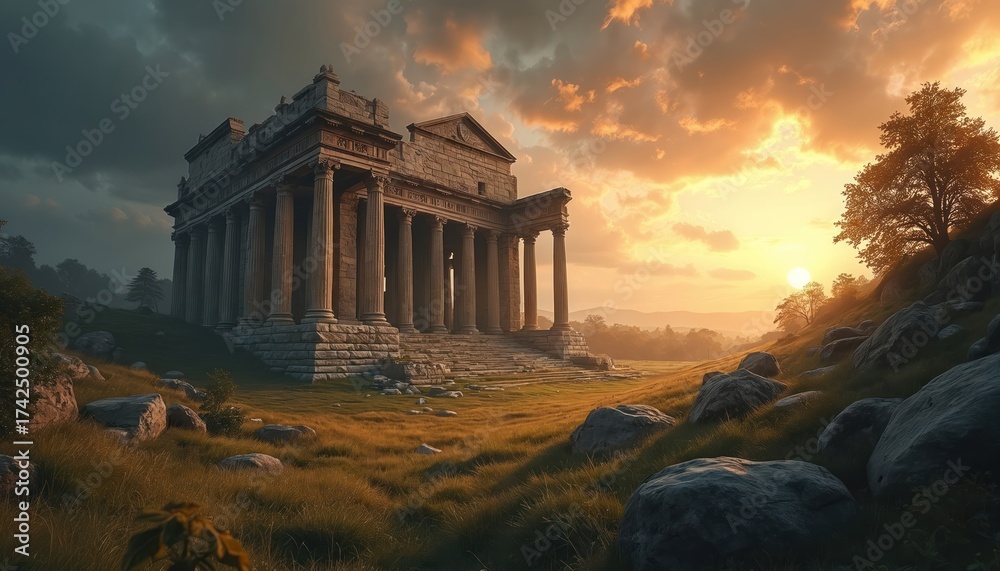 Obraz premium Ancient temple ruins stand in field under dramatic sky. Majestic classical architecture with columns reflects sunlight. Historical building is situated on a hill with grass stones and trees.