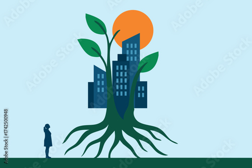 Sustainable Growth Concept Green City Tree with Roots and Sun Flat Design Illustration