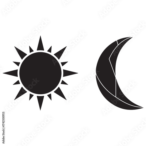 Stylized Black Sun and Geometric Crescent Moon Icons on White
