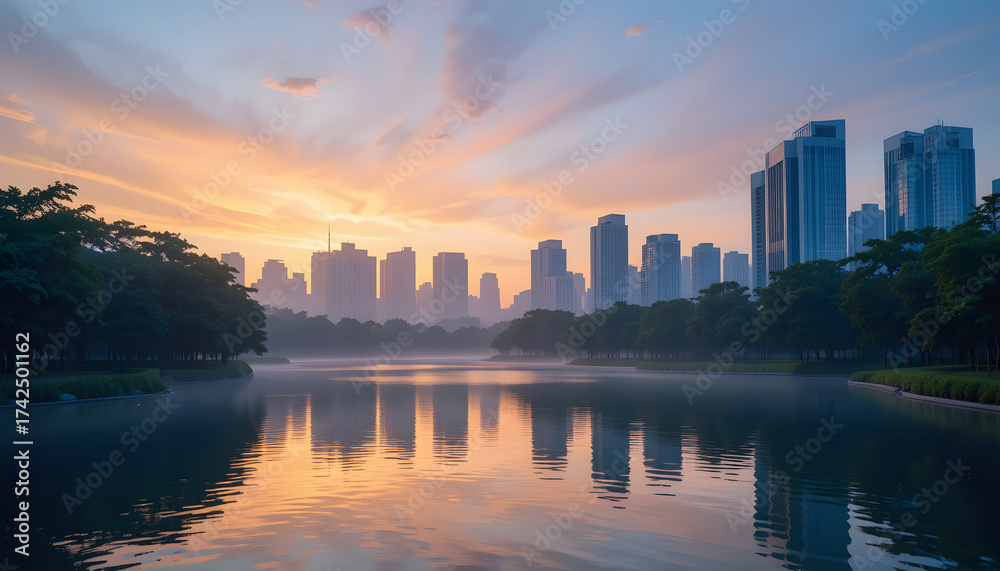 Fototapeta premium Urban oasis lake reflecting sunset hues surrounded by greenery and distant sleek towers