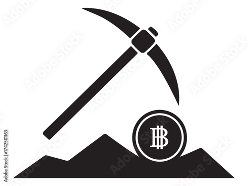 Cryptocurrency mining pickaxe and coin silhouette design