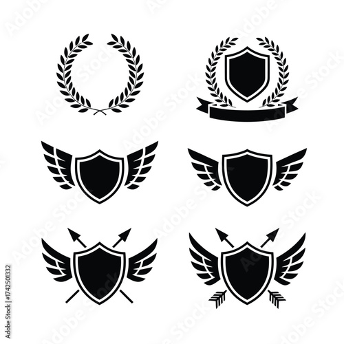 Set of six black and white heraldic emblems shields laurel wreaths wings arrows for vector graphics silhouette vector illustration white background