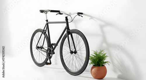 A black single speed bicycle leaning against a white wall with a potted plant nearby it