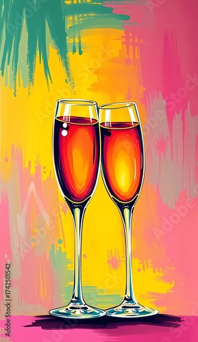 two glasses of champagne on a colorful background. Vertical image. 