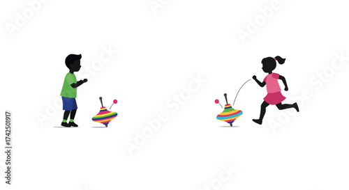 Children playing with colorful spinning tops and jumping rope outdoors